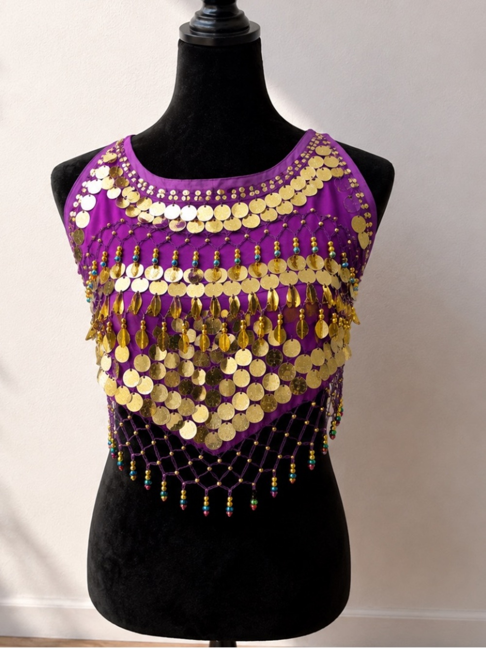 Purple Belly Dance Coin Halter Top Gold Sequin Festival Costume Bra One Size